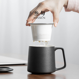叁旬 印象马克杯陶瓷带盖办公室过滤水杯泡茶杯茶水分离杯子定制