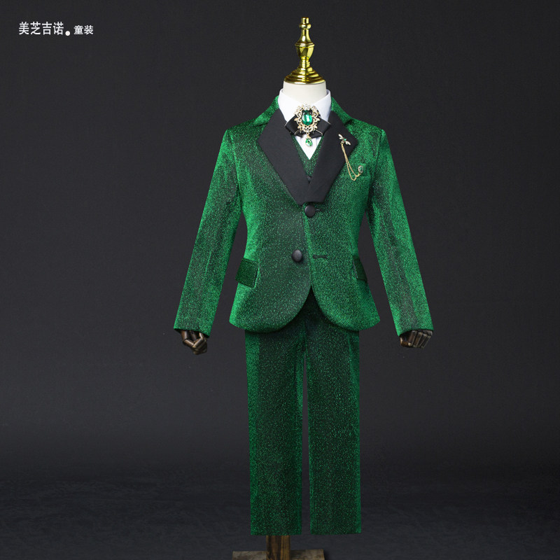 男童绿色西服套装儿童西装中大童花童礼服主持走秀表演钢琴演出服