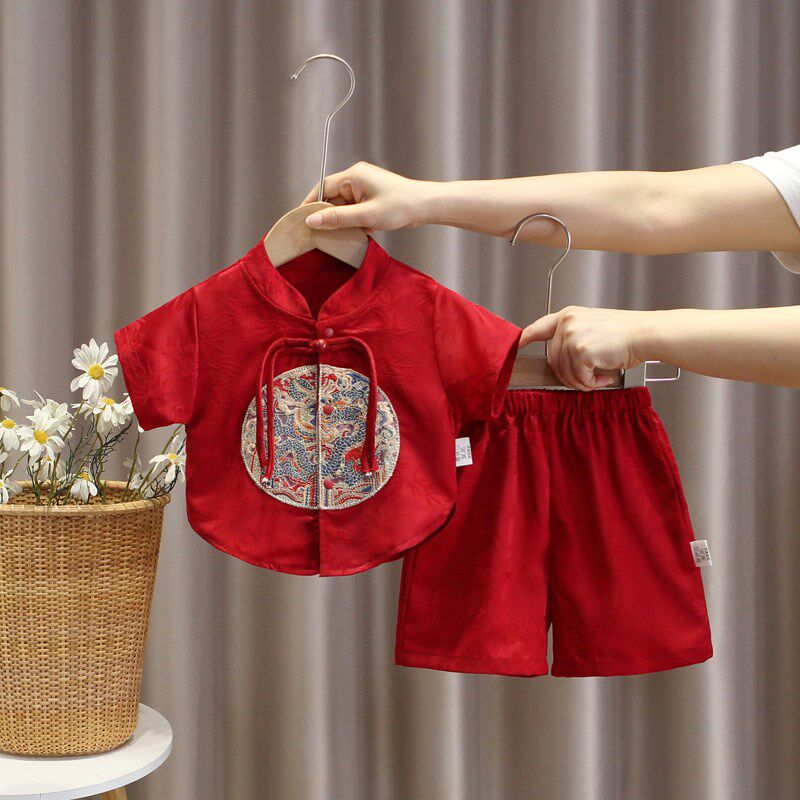 宝宝夏季新中式周岁礼服男宝百日女婴儿喜庆红色唐装抓周满月衣服