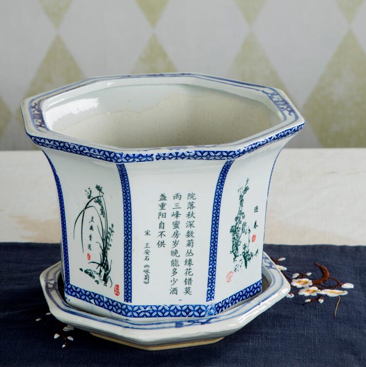 特大号加厚景德镇高温陶瓷花盆青花广口高深盆树盆花钵室内外落地