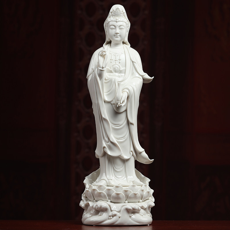南海观音佛像陶瓷摆件家用供奉德化陶瓷观世音菩萨渡海观音蓝底描