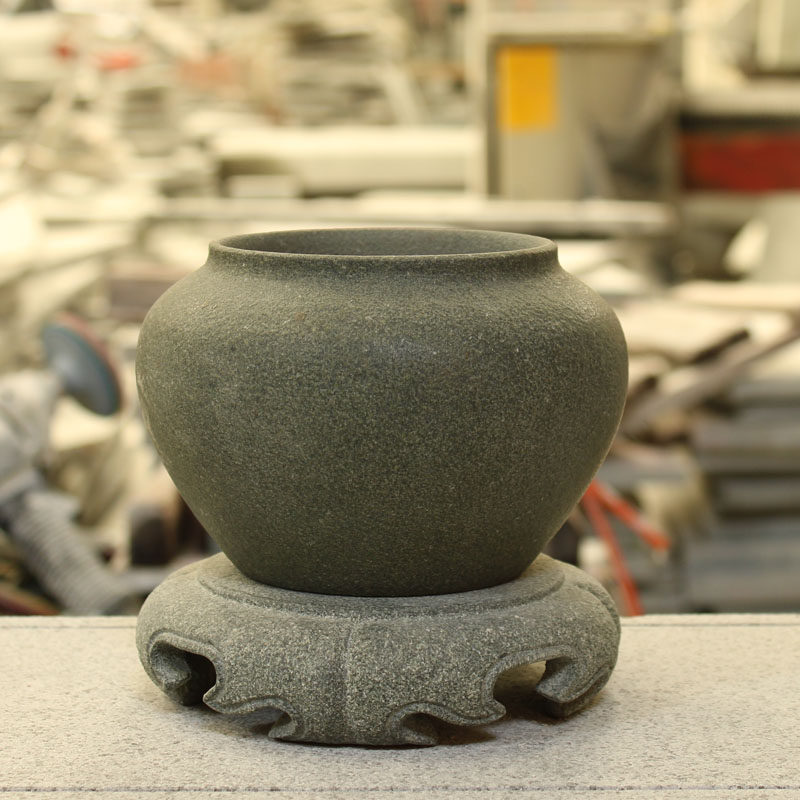 石雕盆景花盆青石装饰品家用石头花盆大理石圆形底座盘托花架整套