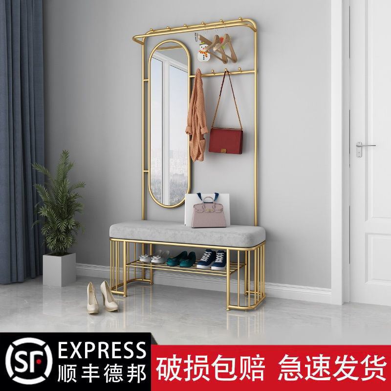 换鞋凳挂衣架落地立式鞋柜衣帽架带镜子家用进门穿鞋架可坐软包凳