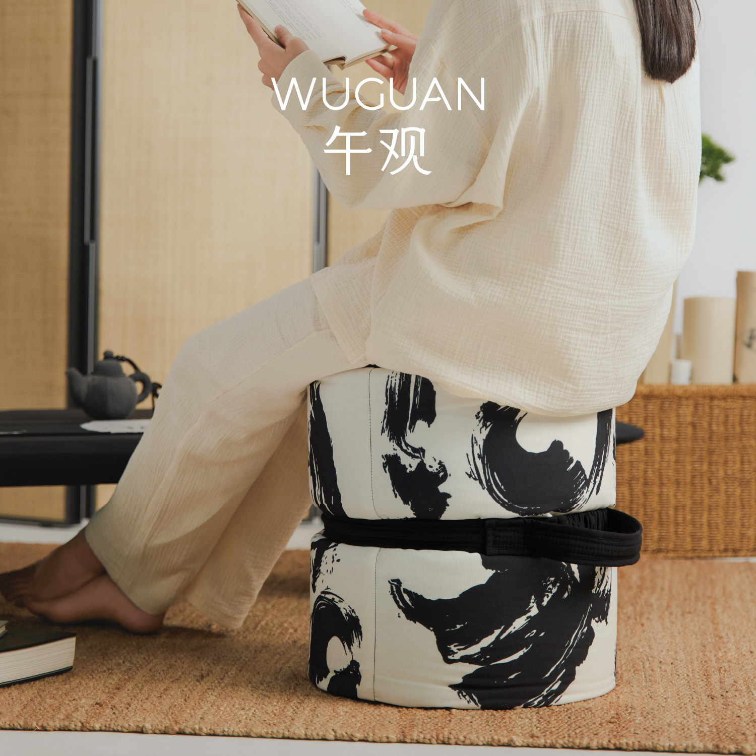 午观吾观茶事坐墩中式客厅可拆洗布艺蒲团黑白色轻便换鞋圆凳