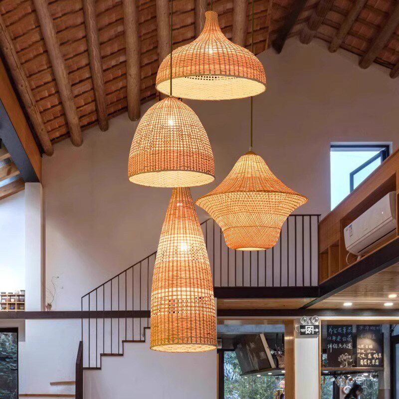 中式餐厅吊灯侘寂风民宿酒店楼梯日式茶室餐馆火锅店竹编藤艺吊灯