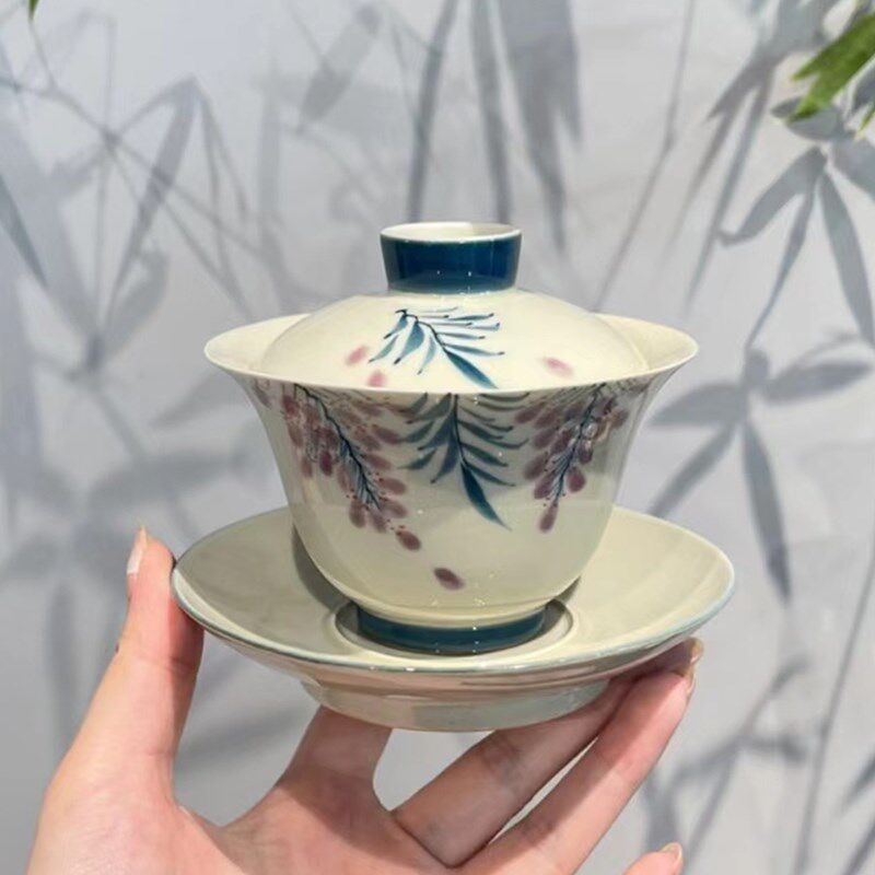 惊蛰 草木灰釉下彩茶具 手绘紫藤花盖碗 宽口茶碗 功夫茶具泡茶器