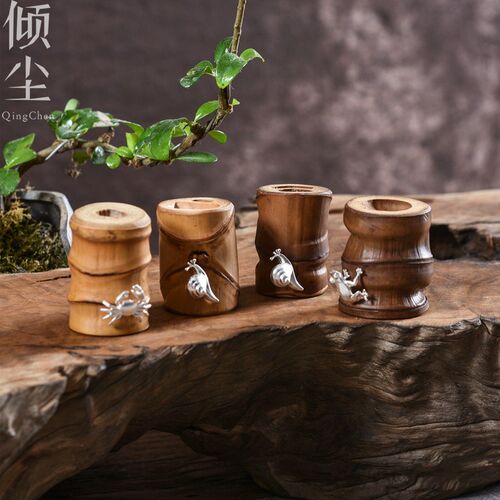 罗汉竹盖置 镶嵌锡器小蜗牛 螃蟹 青蛙 茶壶盖托 盖架 竹节盖搁