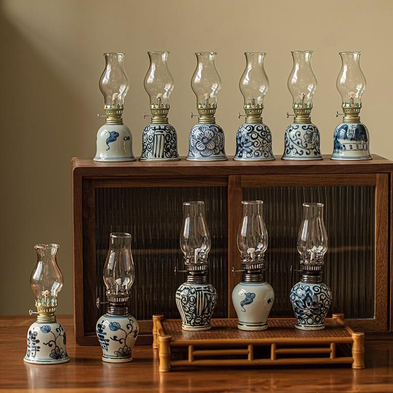 景灯镇青花陶瓷复古手绘油酥德民宿茶室氛围灯老式装饰中式煤油灯