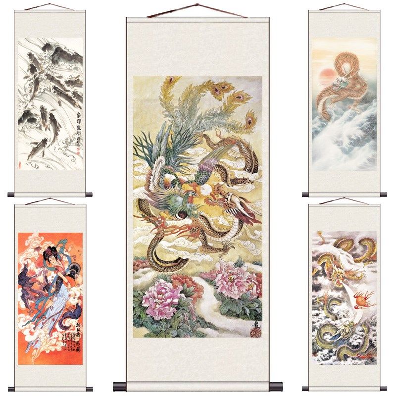 龙凤戏珠风丝绸画龙凤客厅玄关装饰画图水招财挂画卷轴画
