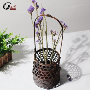 冰竹 手工竹工艺竹提花篮手编篮花复古子器竹制品竹编圆花器插花