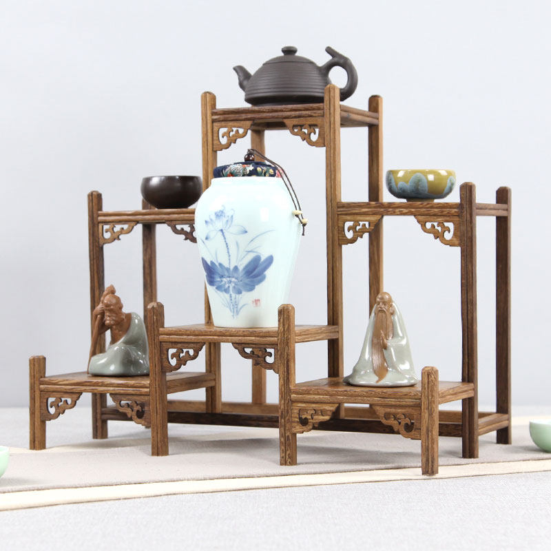 红木鸡翅木小博古架实木中式多宝阁木雕摆件底座茶壶茶具架展示架