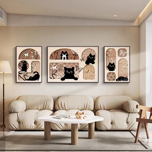 猫咪约式中古画客厅装饰风三联壁画现代简法高级感沙发背景墙挂画