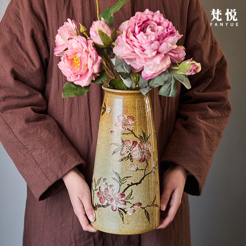 梵悦 镇德景工古全手复粗陶手绘桃花花瓶可养鲜花花器