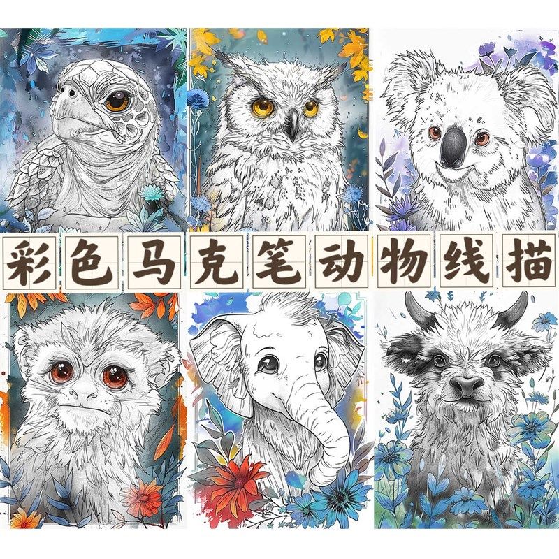 新款彩色马克笔摹物线描构动卡32张画室机临少儿创意美术卡片A5