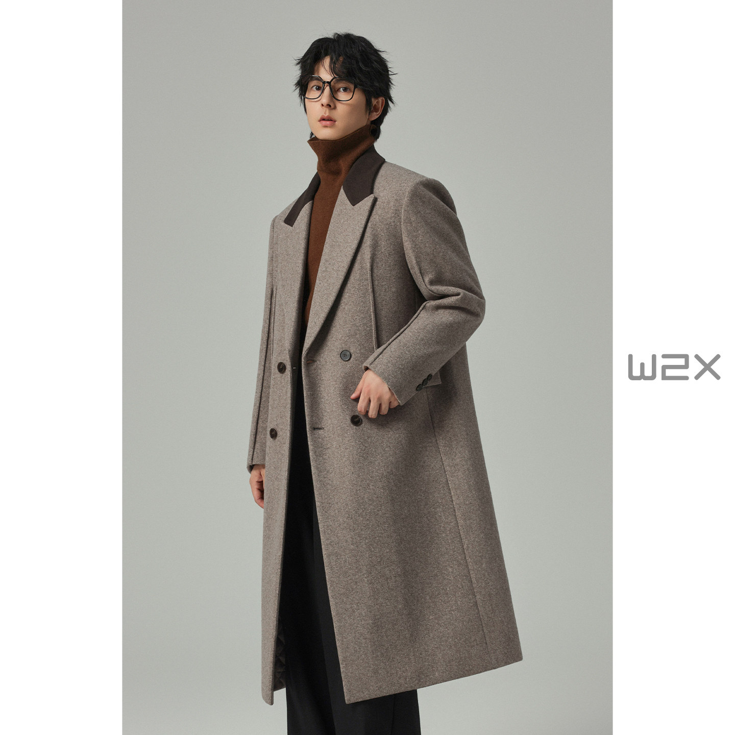 w2x冬季拼接撞色毛呢大衣男长毛呢大衣