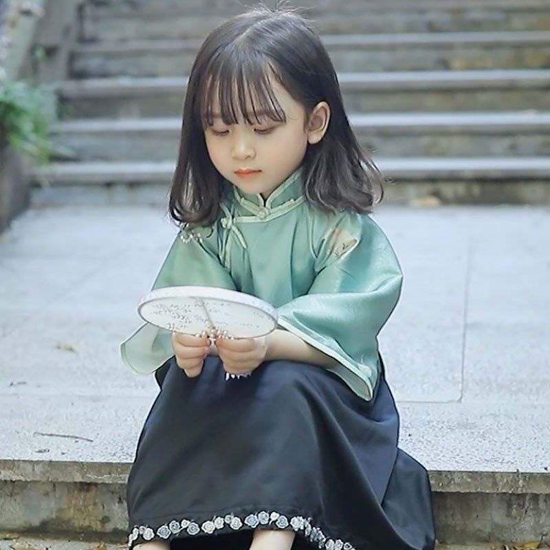 儿童旗袍女春秋夏季中国风民国风民国装女童夏上衣模特裙子绿色