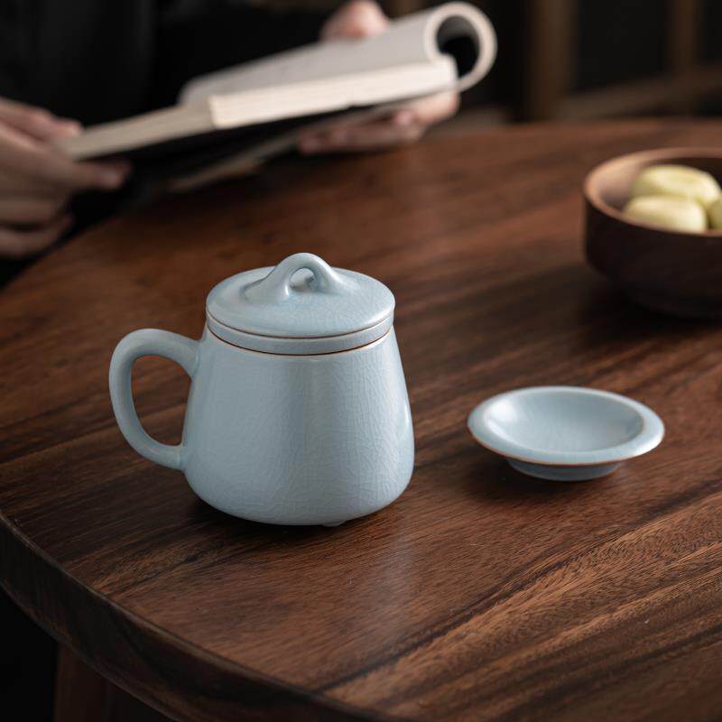 苏氏陶瓷汝窑办公茶杯带盖家用泡茶水杯开片可养过滤喝茶杯礼盒装