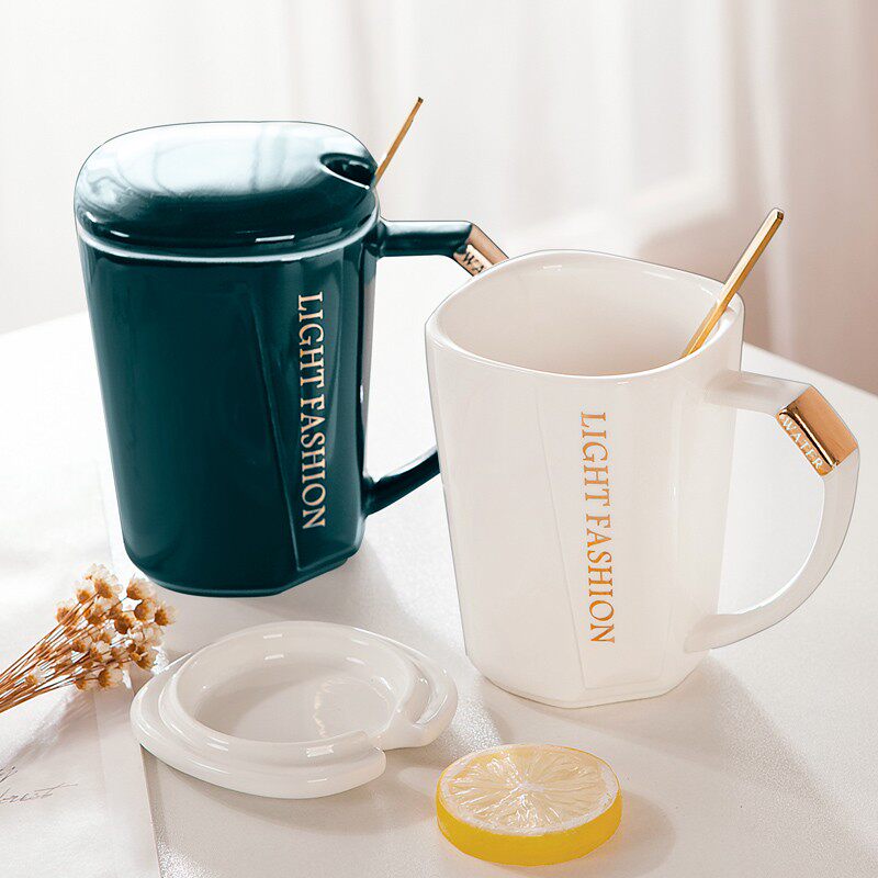简约黑白情侣对杯陶瓷杯子一对马克杯带盖勺子咖啡杯奶茶杯牛奶杯