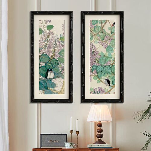 《紫藤恋语》中古风绿色花鸟风景竖版挂画实木画框玄关边柜装饰画