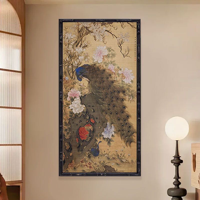 古典明清花阴双鹤挂画玄关过道走廊双鹤图客厅中式进门竖版装饰画