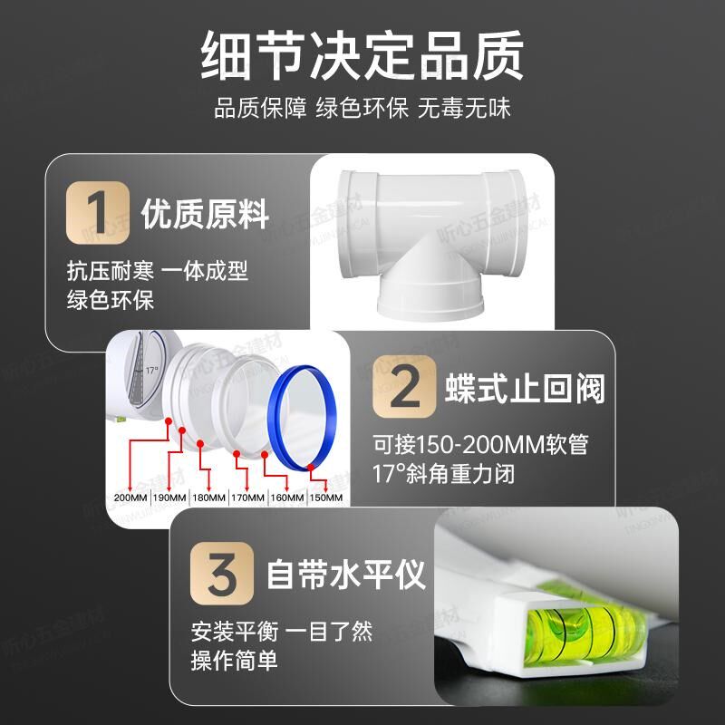 正T型180三通双止回阀厨房油烟机两进一出变径PVC管软管190/200mm