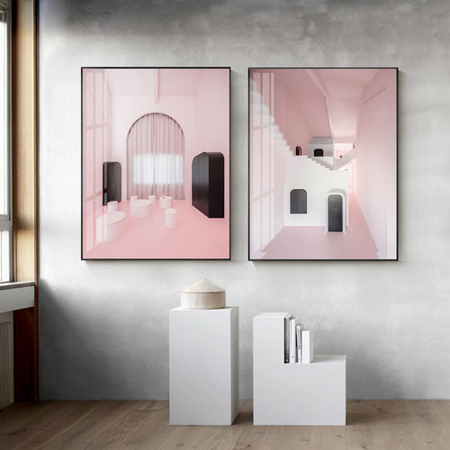 北欧粉色卧室装饰画客厅玄关过道壁画样板房餐厅绿色空间建筑挂画