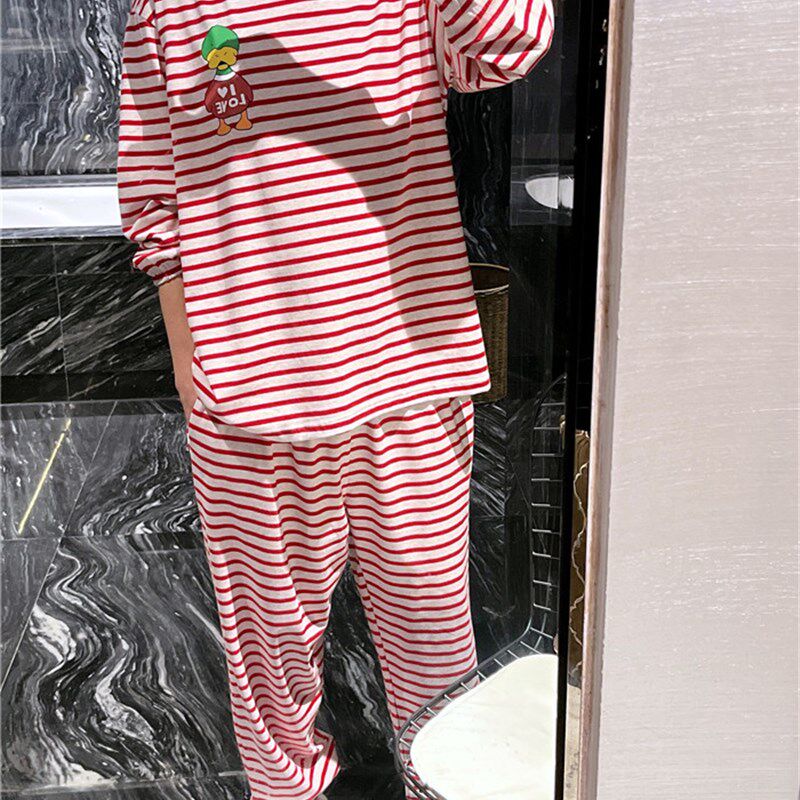长袖情侣男女睡衣薄款显瘦条纹可爱卡通家居服大码胖mm200斤套装