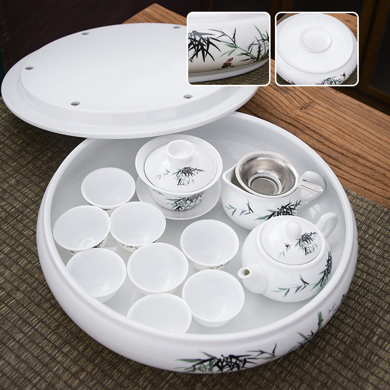 潮汕功夫茶 茶具套装 白色玉瓷青花瓷 整套带圆形陶瓷茶盘家用