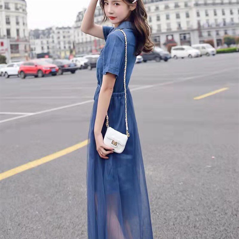 牛仔裙连衣裙2023年新款女夏温柔风收腰显瘦法式气质网纱裙子仙女