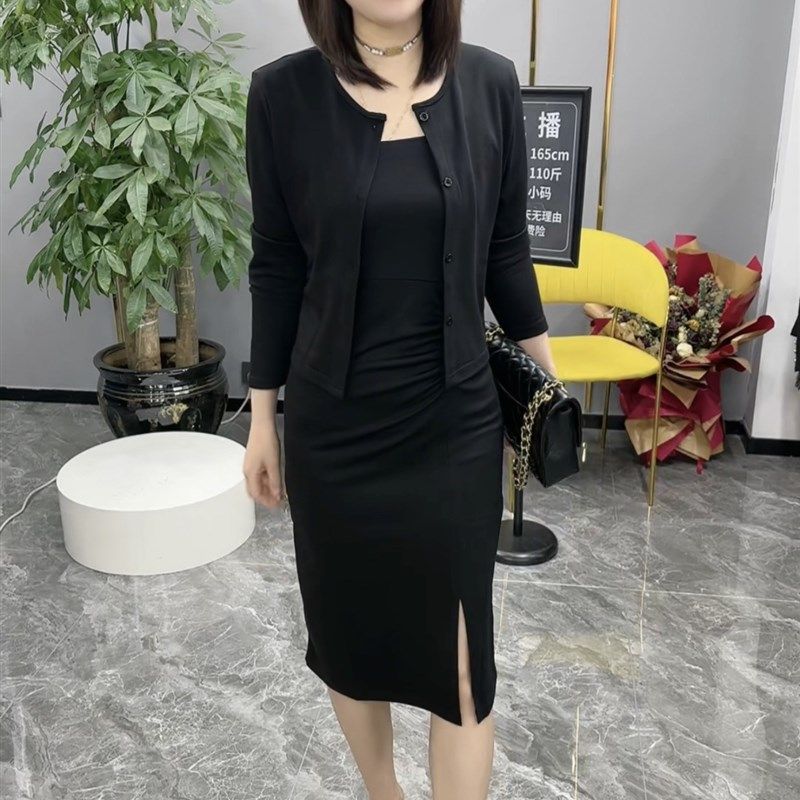 时尚薄款长袖外套开叉连衣裙包臀时尚两件套装2023年夏季新款女装