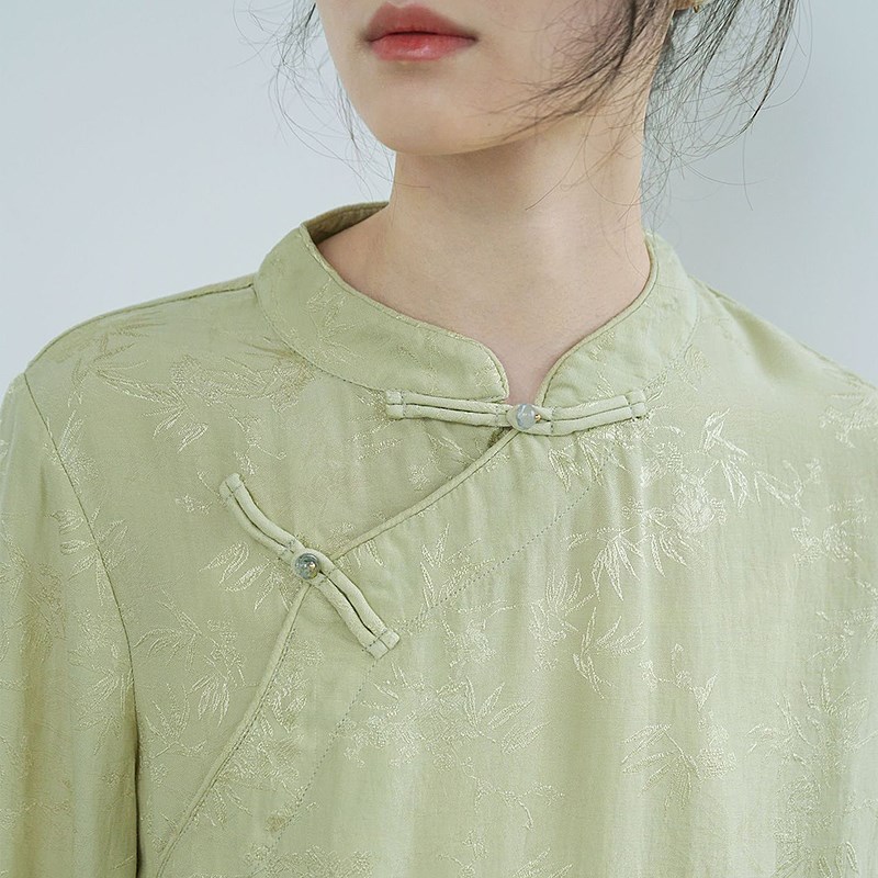 新中式人丝提花复古衬衫禅意中国风立领珠扣斜襟茶服春装女上衣秋