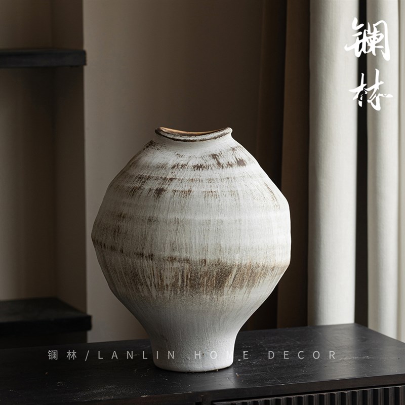 新中式复古手工绘画陶瓷花瓶景德镇怀旧粗陶室内书柜插花摆件拾光