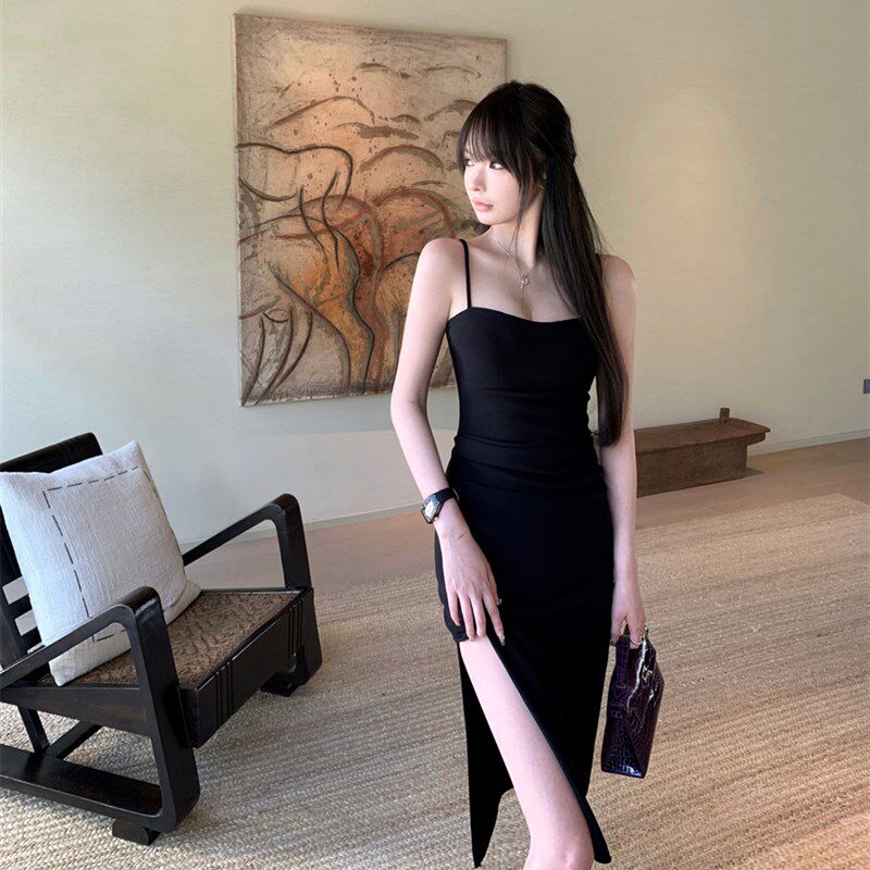【肯豆曲线】性感开叉长裙欧美简约裙子气质吊带连衣裙女