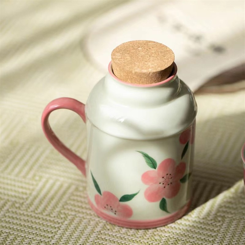 草木黄手绘一壶一杯焖茶壶 釉下彩桃花凉水壶夏天凉茶杯旅行茶具图片