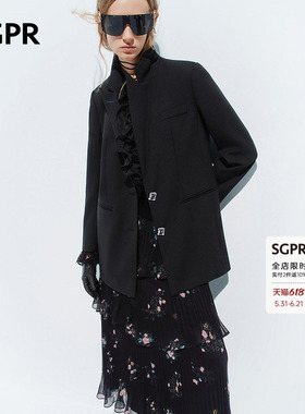 【SGPR】黑色蕾丝拼接西装外套女2026年春季新款荷叶边修身西服