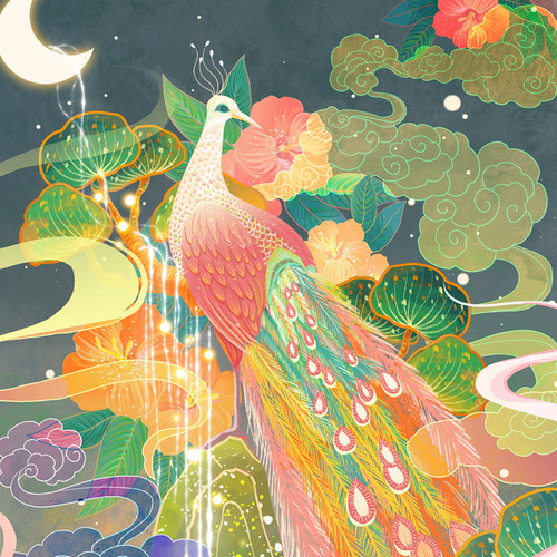 孔雀图挂画客厅玄关装饰画花开富贵丝绸画书房壁画花鸟图卷轴画