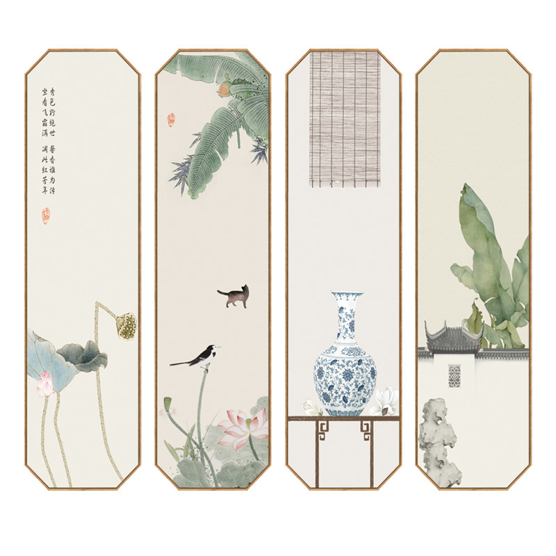 沙发后面的挂画新中式客厅装饰画玄关过道竖式壁画餐厅禅意八边形