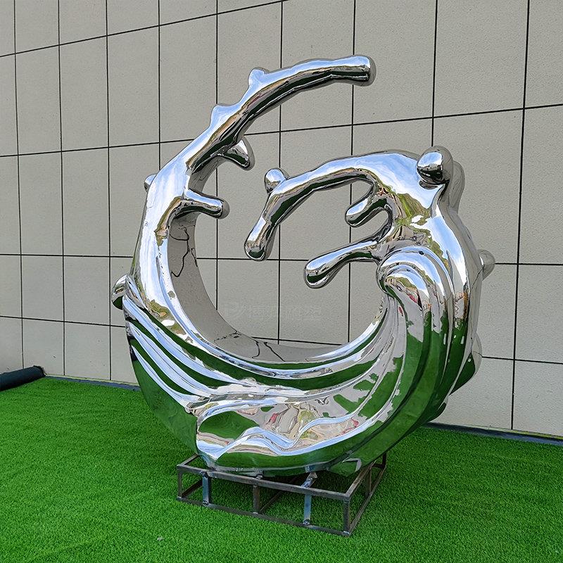 创意不锈钢水浪花雕塑户外镜面水滴金属水波纹房地产水景落地摆件