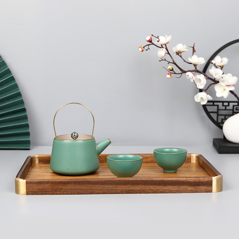 胡桃木铜角茶盘茶具水杯收纳盘零食干果点心茶水盘实木长方形托盘