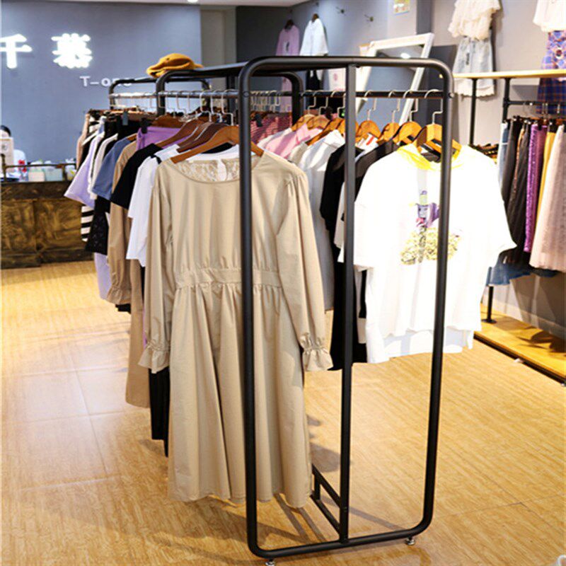 复古男女装服装店展示架童装双排中岛落地式衣服架子双杠侧挂货架