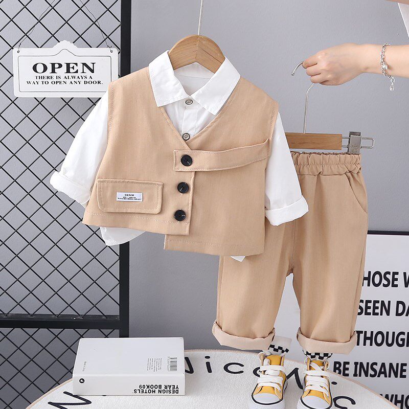 男童宝宝春秋套装2025新款童装婴儿衣服小童西装洋气马甲三件套潮