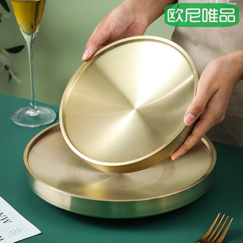 韩式不锈钢双层盘子金色韩国烤肉餐具雪花和牛肉装盘火锅店网红盘