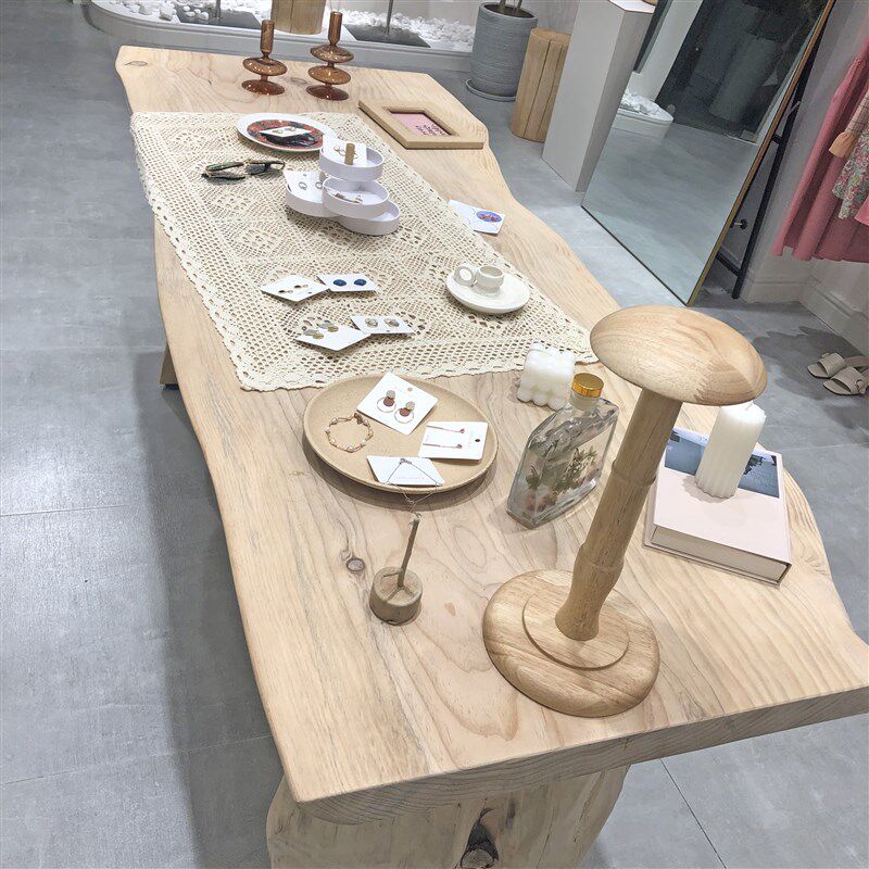服装店整板实木长桌北欧原木办公桌简约饰品摆放中岛展示桌流水台