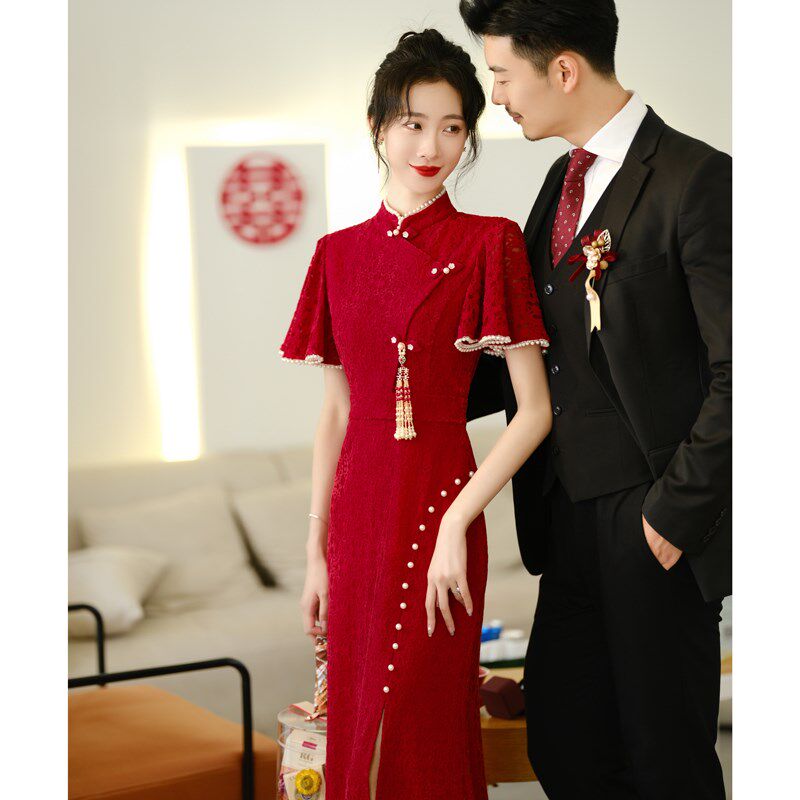 敬酒服旗袍红色改良中式年轻款订婚礼服裙女结婚小个子回门服新娘