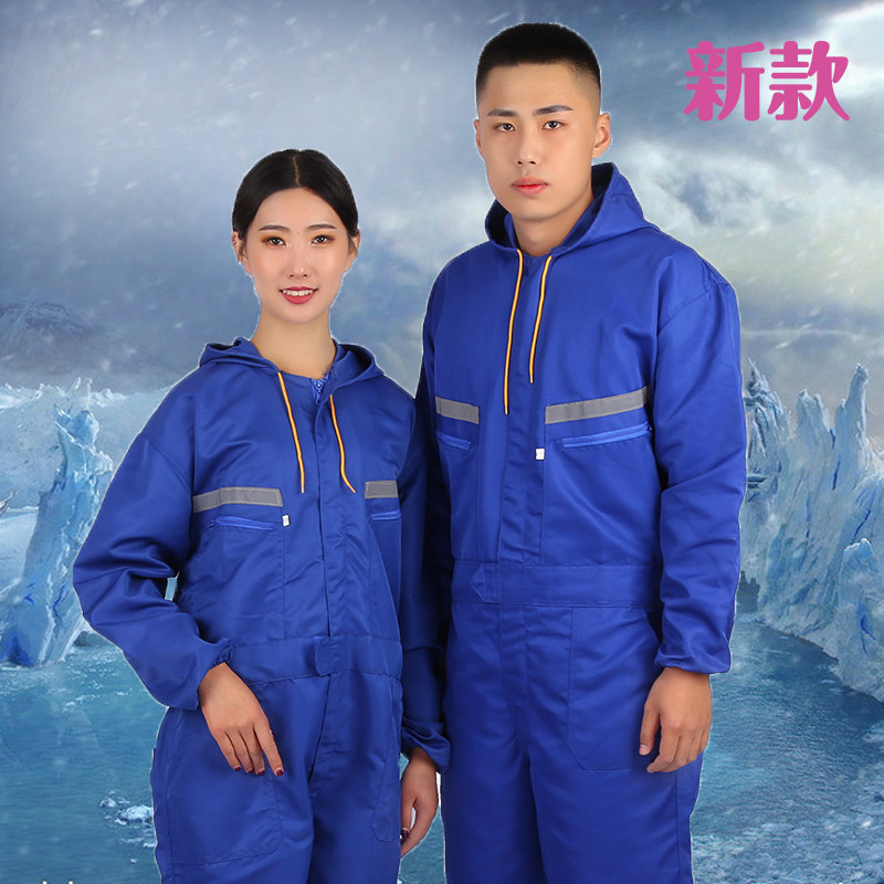 拉链反光条连体工作服防尘防污劳保套装男一体带帽大码通款防溅水