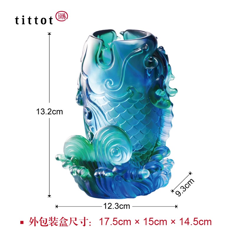 tittot琉园创意新中式琉璃工艺品鱼摆件 鱼跃成龙 笔筒办公室装饰