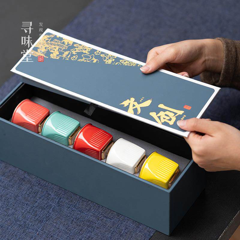 五福临门五杯装茶杯礼盒套装品茗杯陶瓷随手礼品中式茶具伴手礼