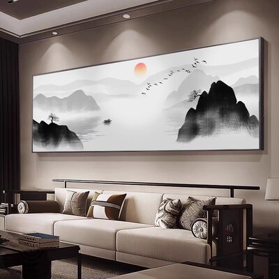 新中式禅意茶室装饰画客厅沙发背景墙挂画靠山图山水画办公室壁画