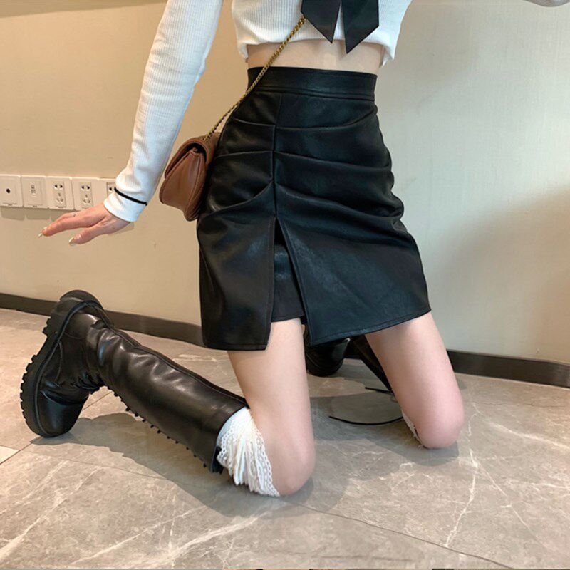 皮裙半身裙大码高腰设计感包臀褶皱开叉一步裙胖MM学生a字短裙子