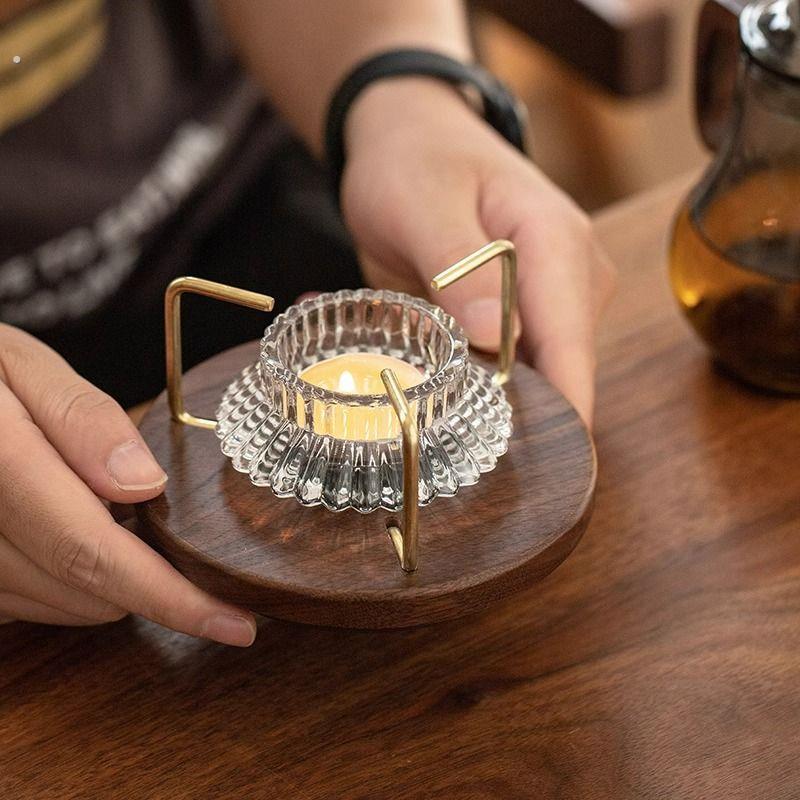 胡桃木温茶器底座茶壶加热底座温茶炉暖茶器复古烛台茶桌摆件
